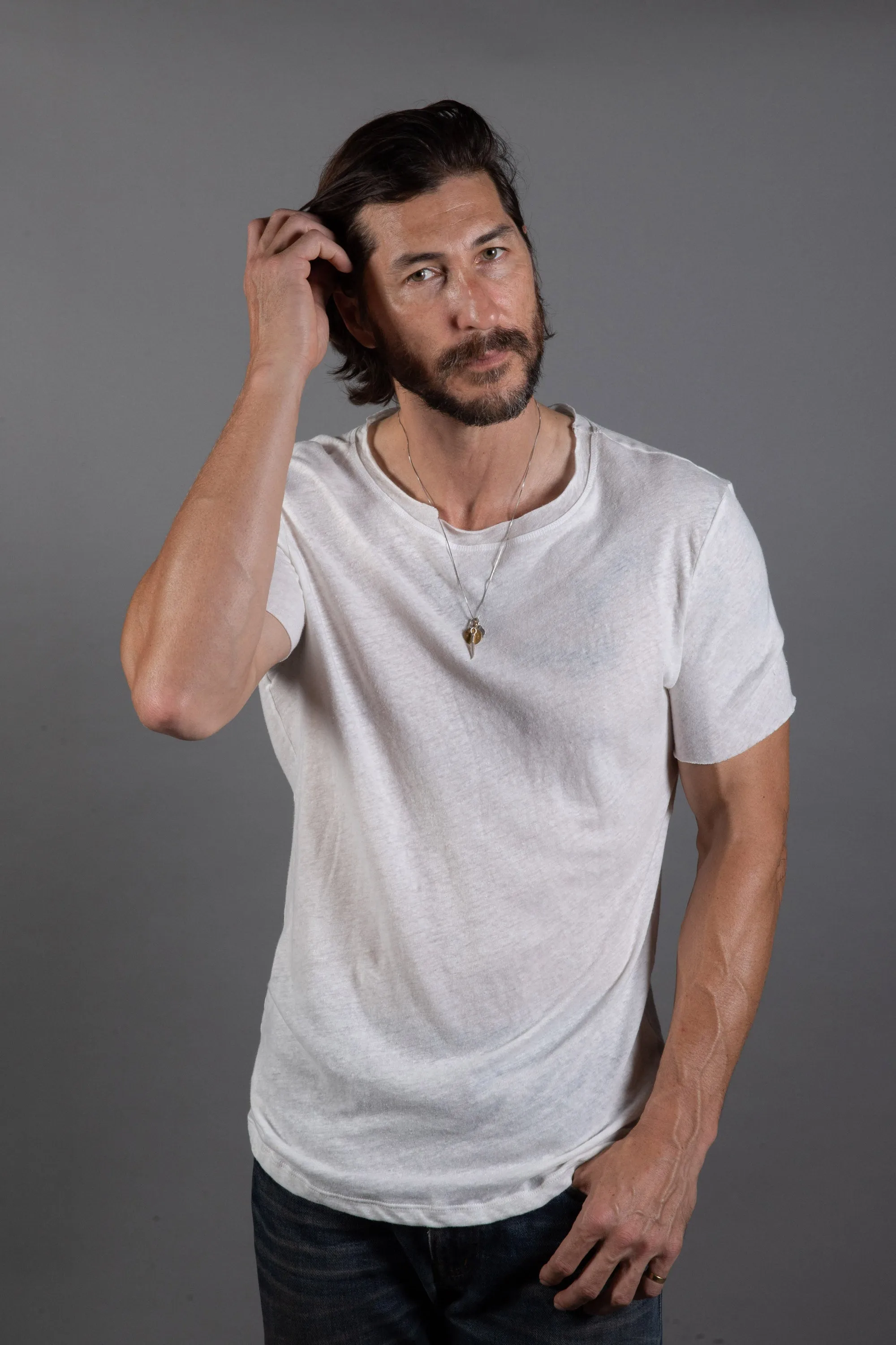 Men's Wallace Raw Neck Cotton Linen Crew Tee