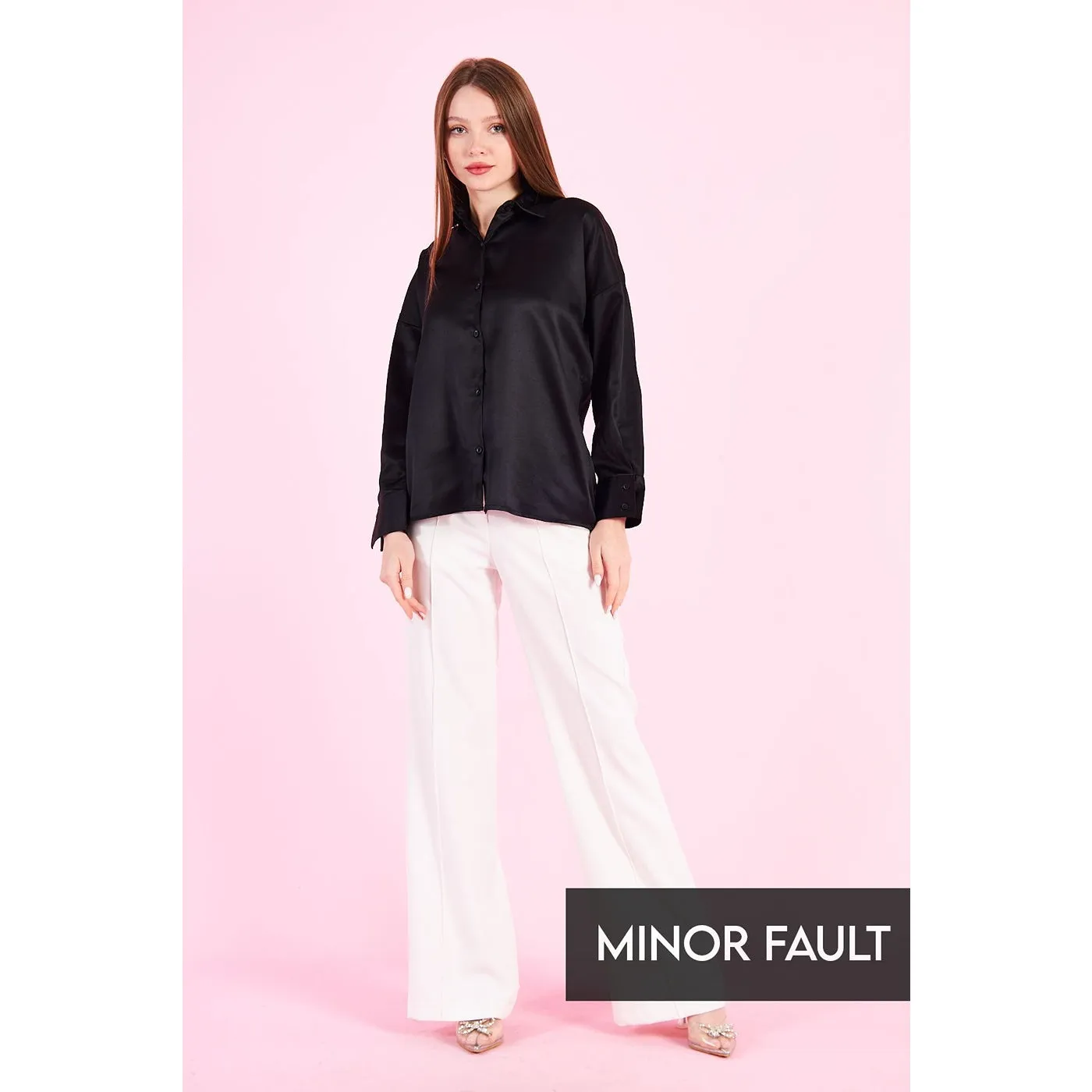 (Minor Fault) Black Button Down Satin Shirt