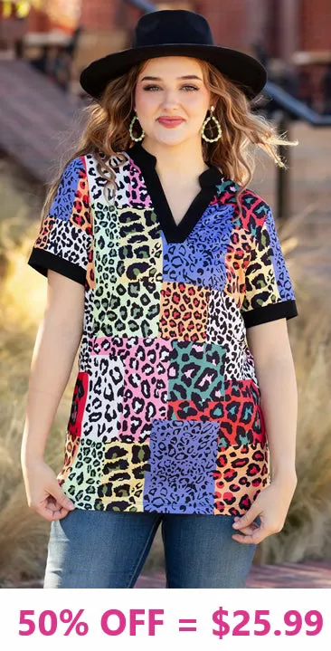 Multi Color Leopard Patchwork V-neck top