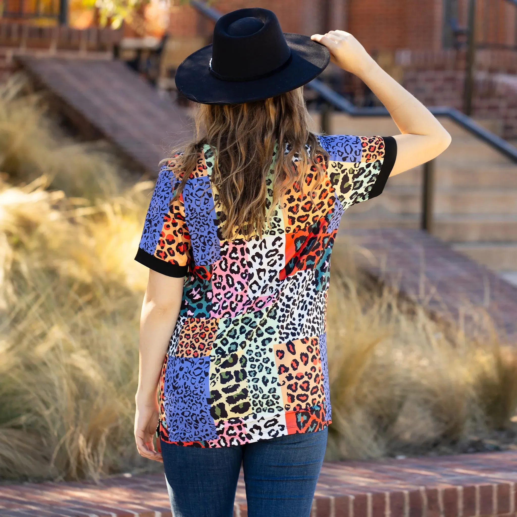 Multi Color Leopard Patchwork V-neck top