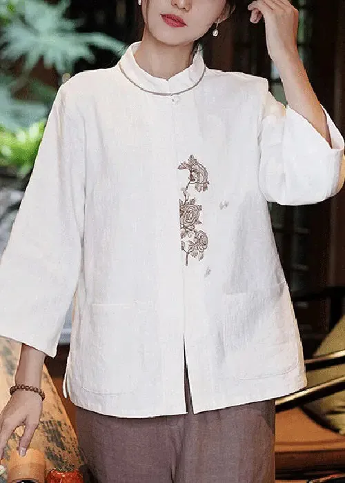 New White Embroidered Pockets Linen Shirt Long Sleeve CG1050