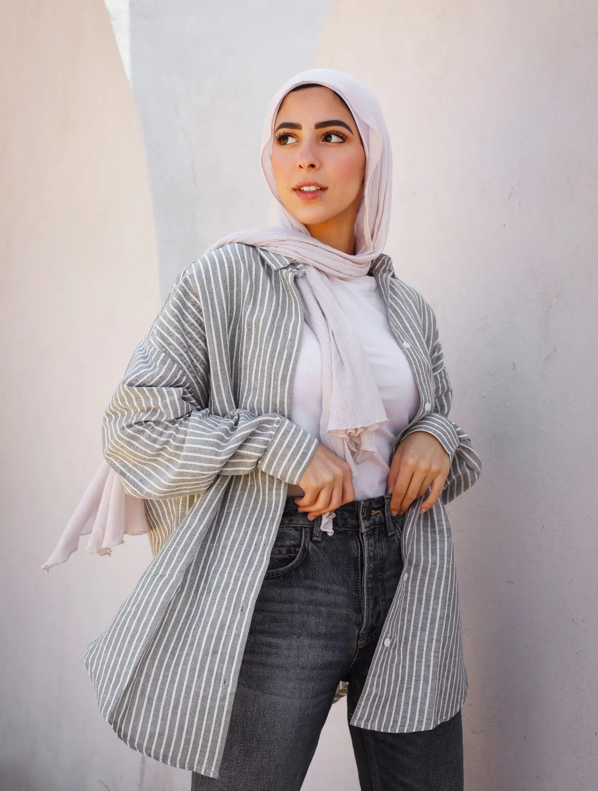 Oversized Linen Stripped Shirt Grey