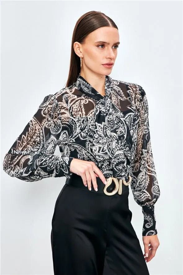 Patterned Georgette Shirt with Bow Tie Neck and a Cami - Black