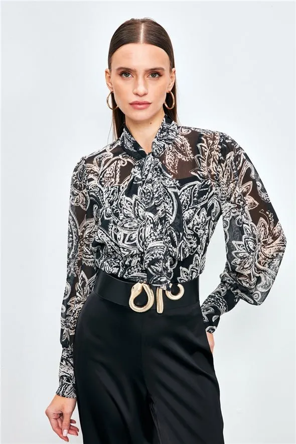 Patterned Georgette Shirt with Bow Tie Neck and a Cami - Black