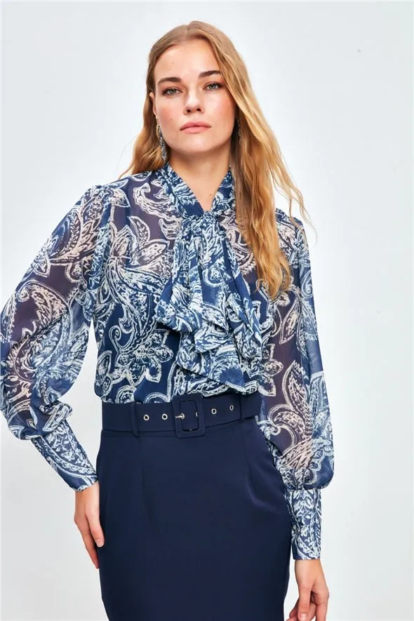 Patterned Georgette Shirt with Bow Tie Neck and a Cami - Navy Blue