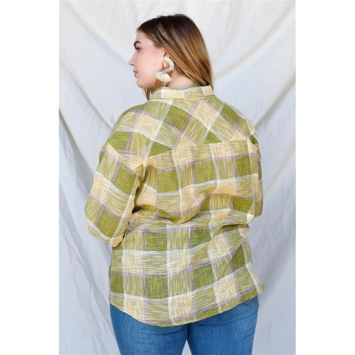 Plus Lime Cotton & Linen Blend Textured Plaid Shirt Top