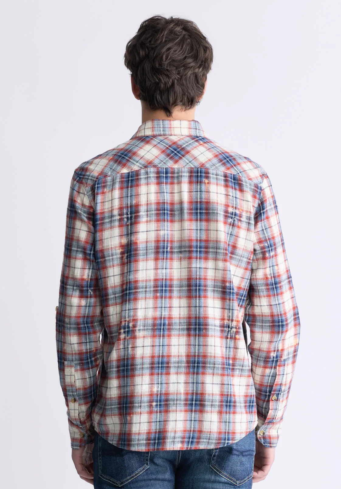 Simbio Men's Long-Sleeve Plaid Shirt, Beige, Blue & Red - BM24429