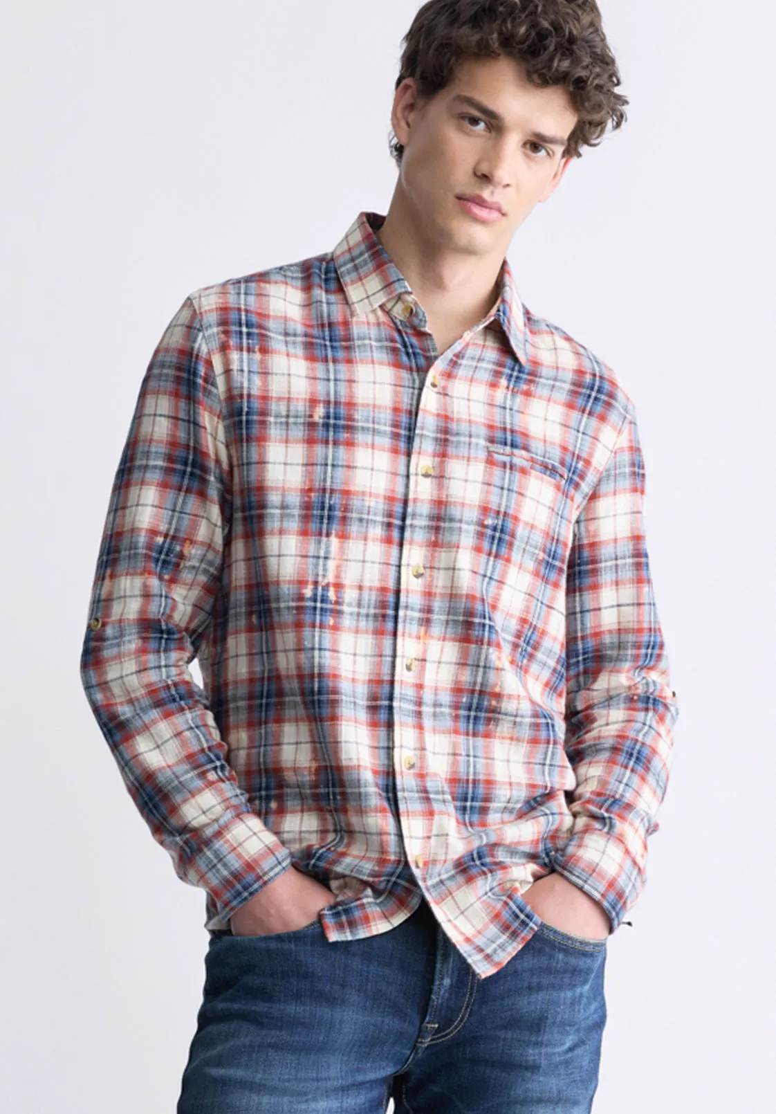 Simbio Men's Long-Sleeve Plaid Shirt, Beige, Blue & Red - BM24429