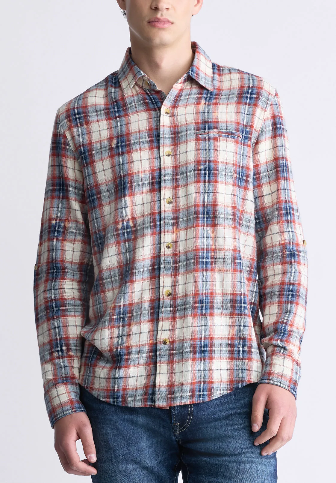 Simbio Men's Long-Sleeve Plaid Shirt, Beige, Blue & Red - BM24429