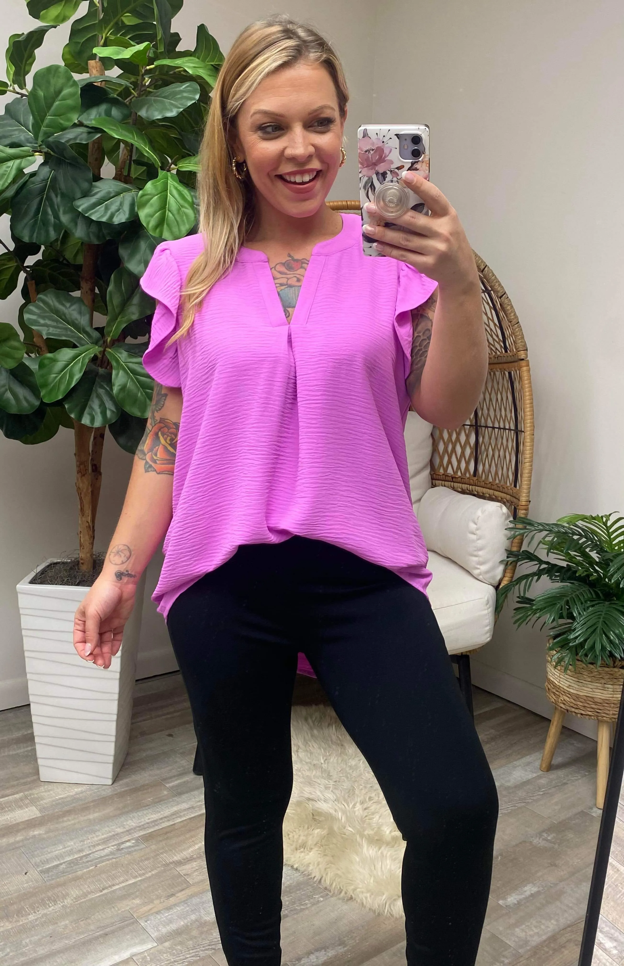 Someday Maybe Flutter Sleeve Top - Bright Mauve