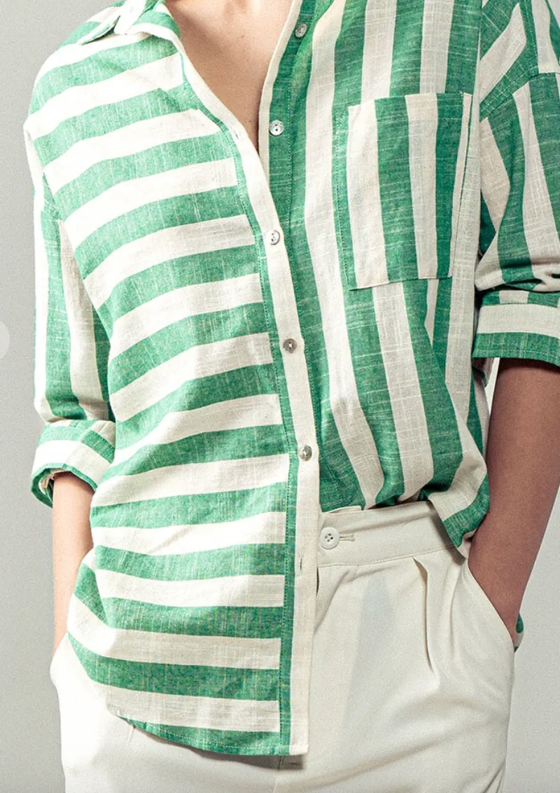 The Demi Vertical   Horizontal Striped Button Up Top