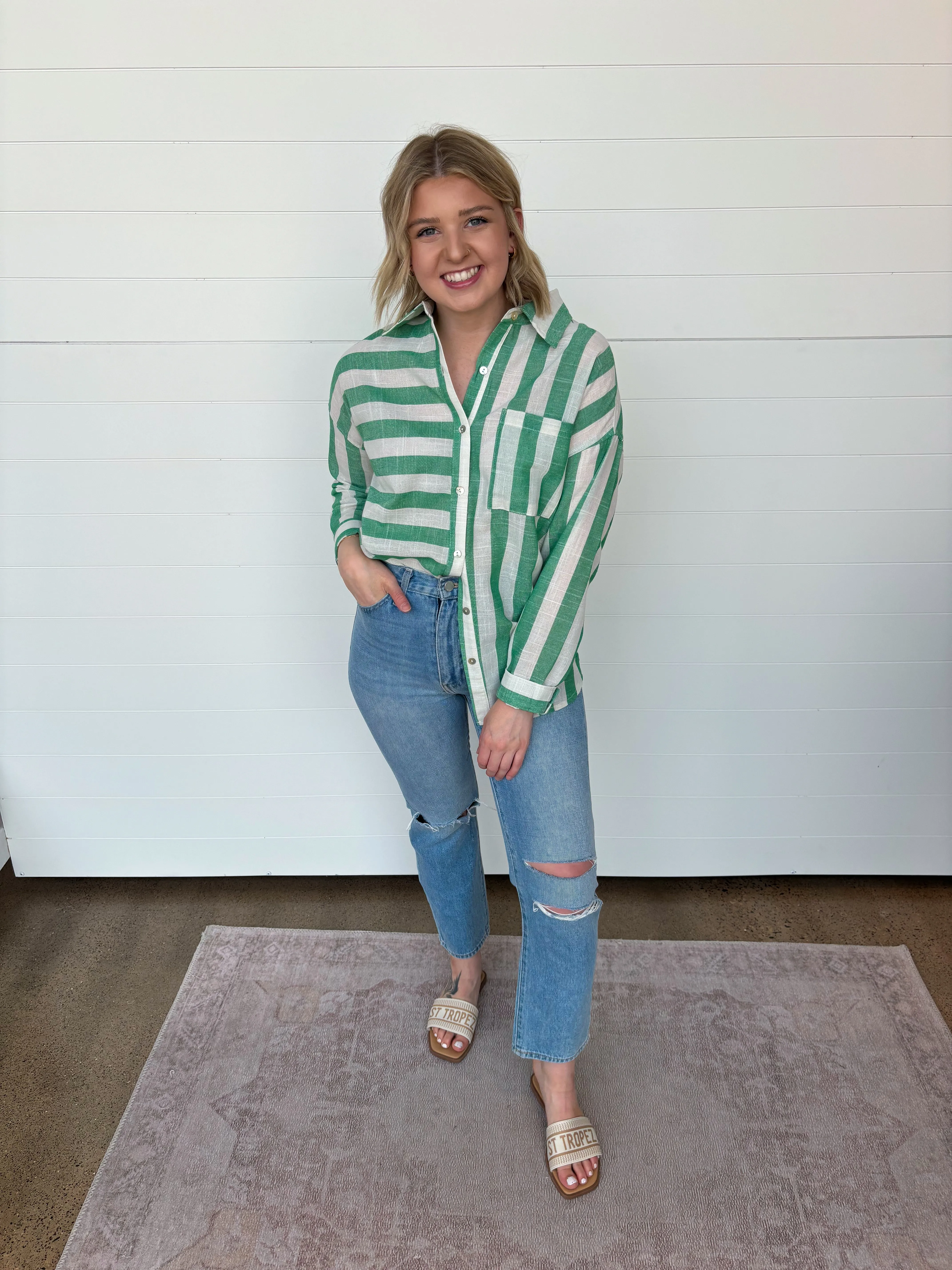 The Demi Vertical   Horizontal Striped Button Up Top