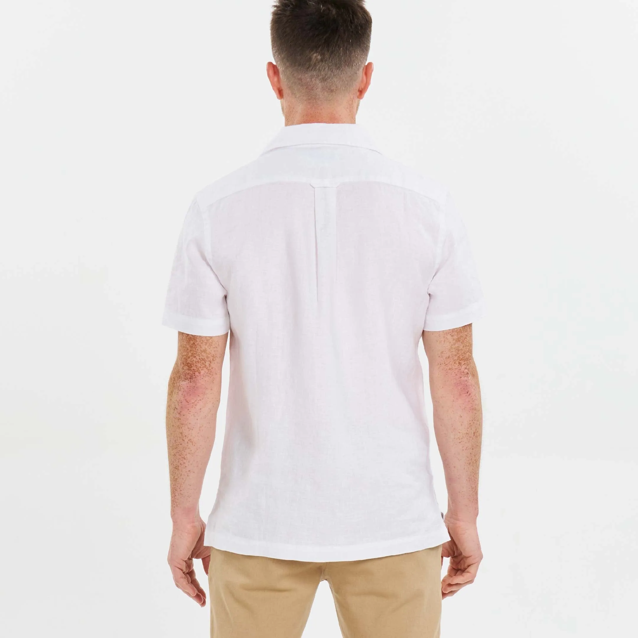 White Linen Camp Collar Short Sleeve Shirt