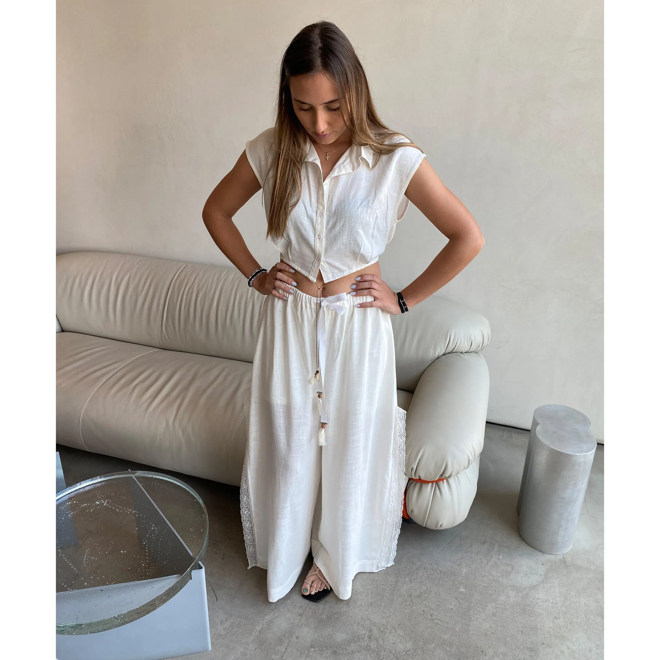 White Linen Crop Shirt with Tassle