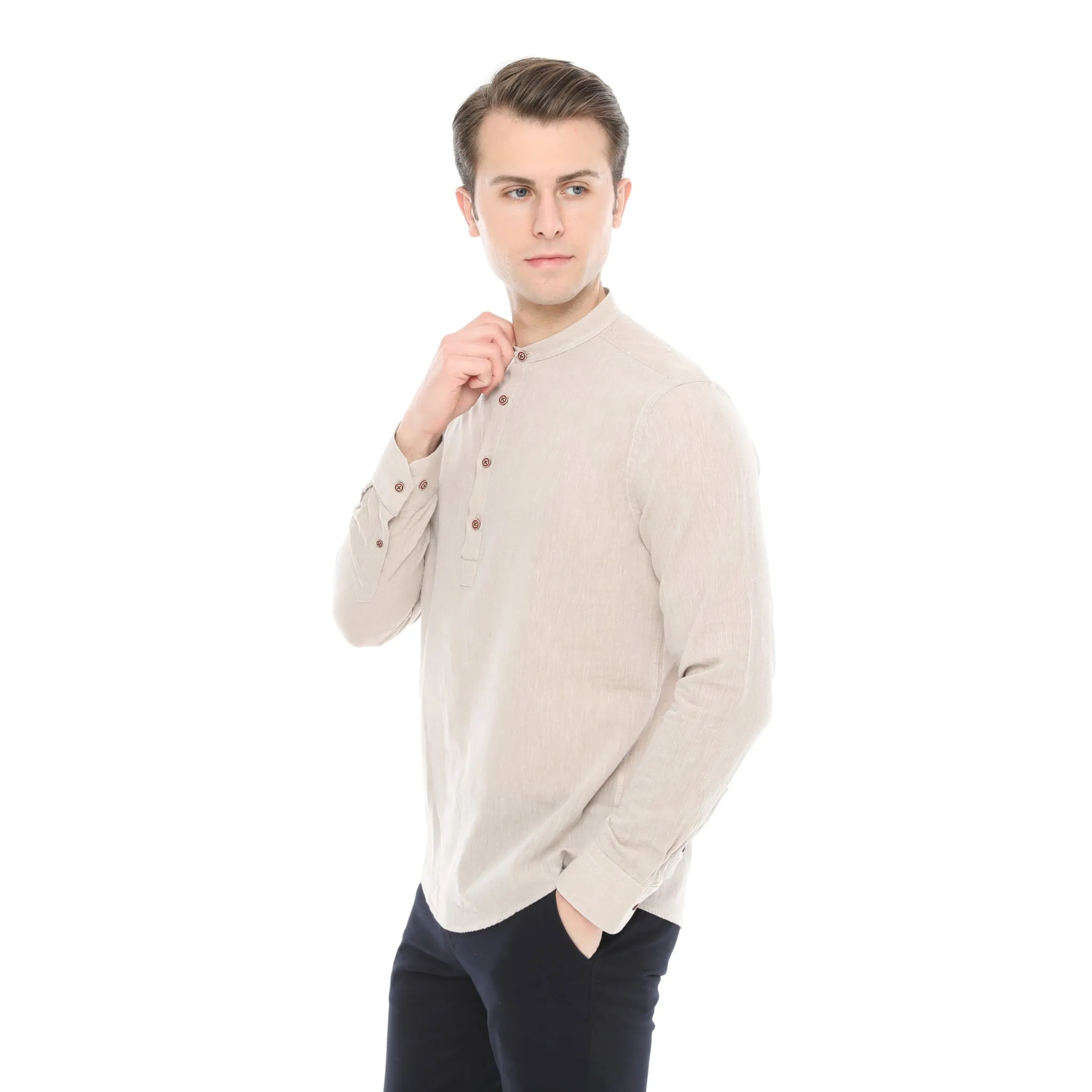 Xact Mens Cotton Linen Grandad Band Collar Tunic Shirt - Long Sleeved