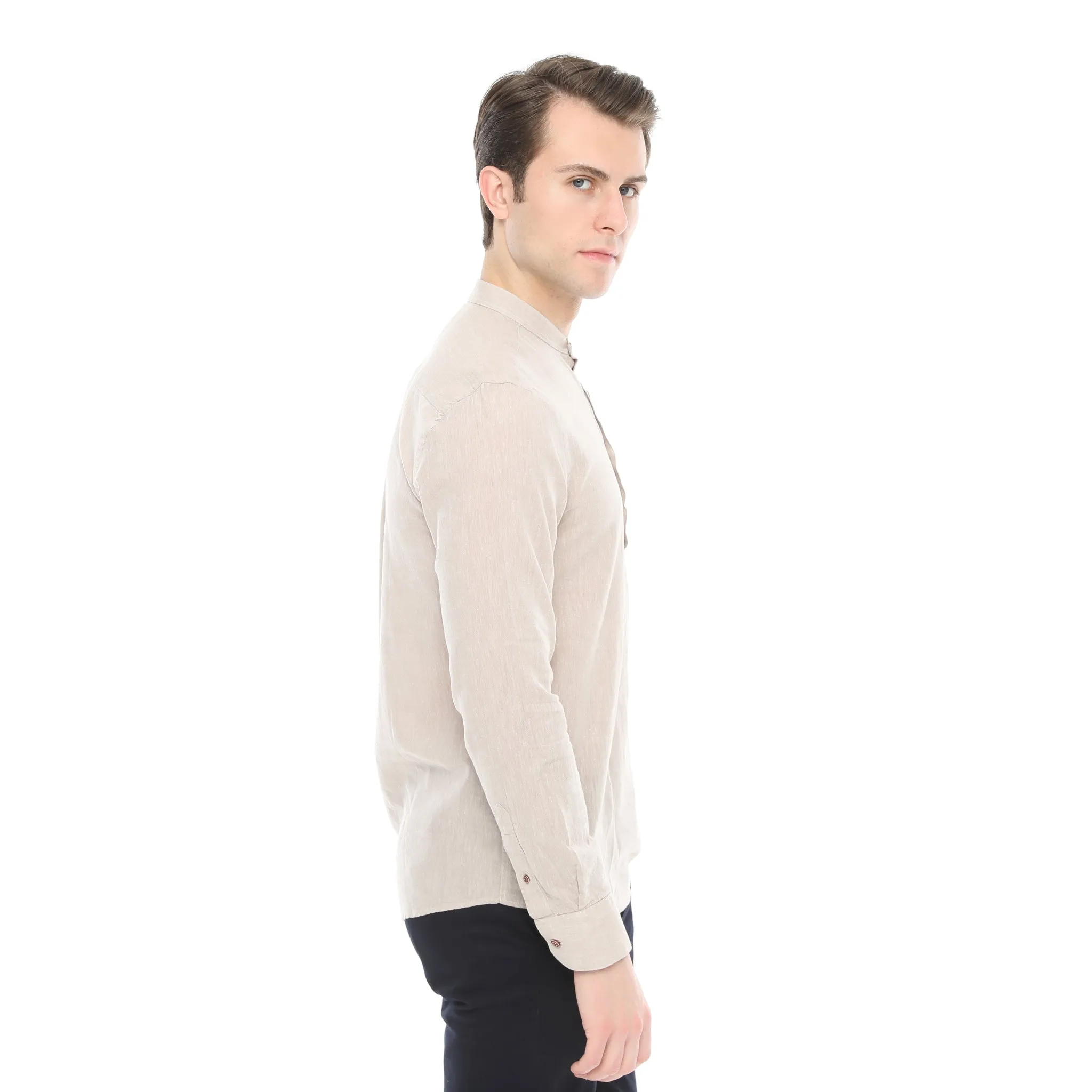 Xact Mens Cotton Linen Grandad Band Collar Tunic Shirt - Long Sleeved