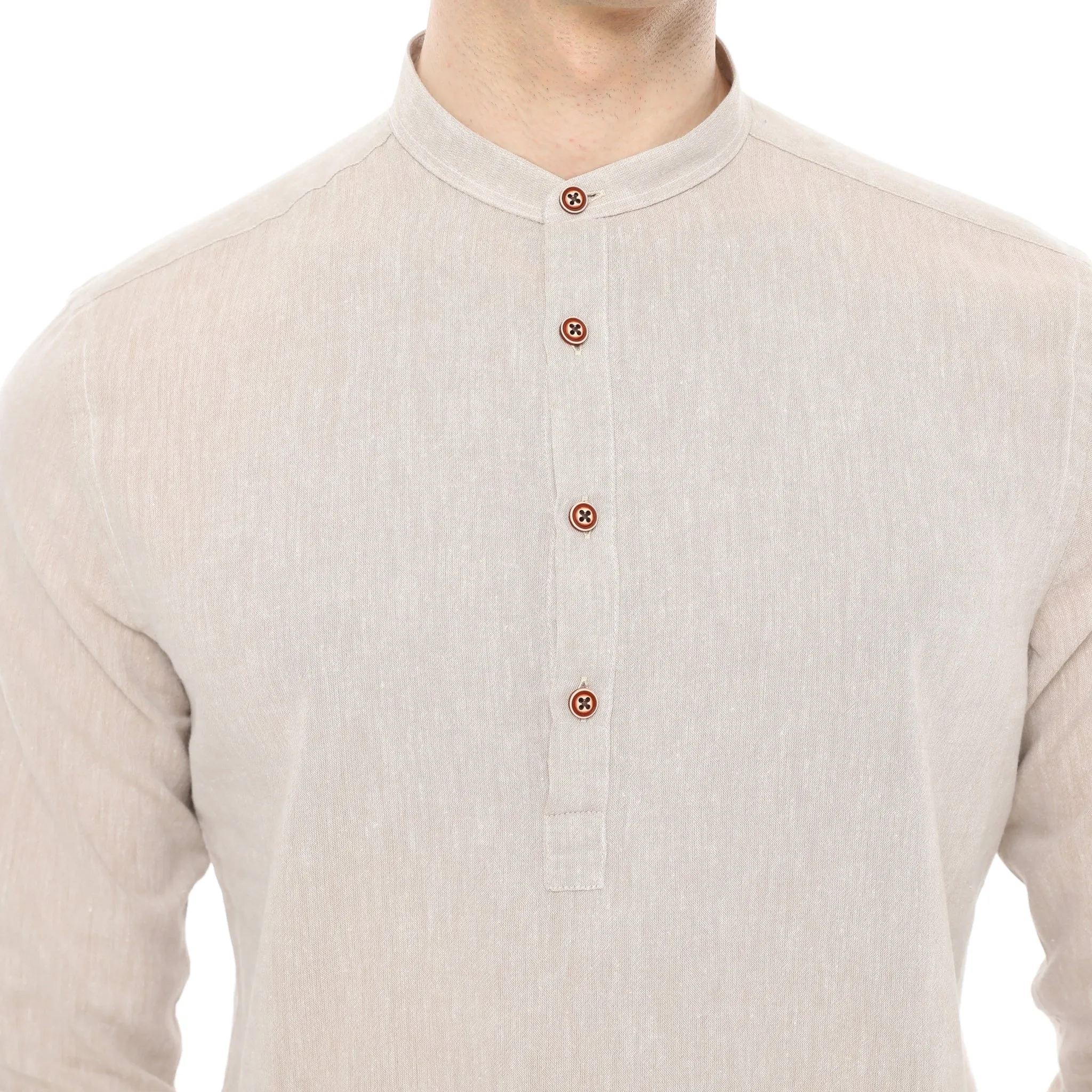 Xact Mens Cotton Linen Grandad Band Collar Tunic Shirt - Long Sleeved