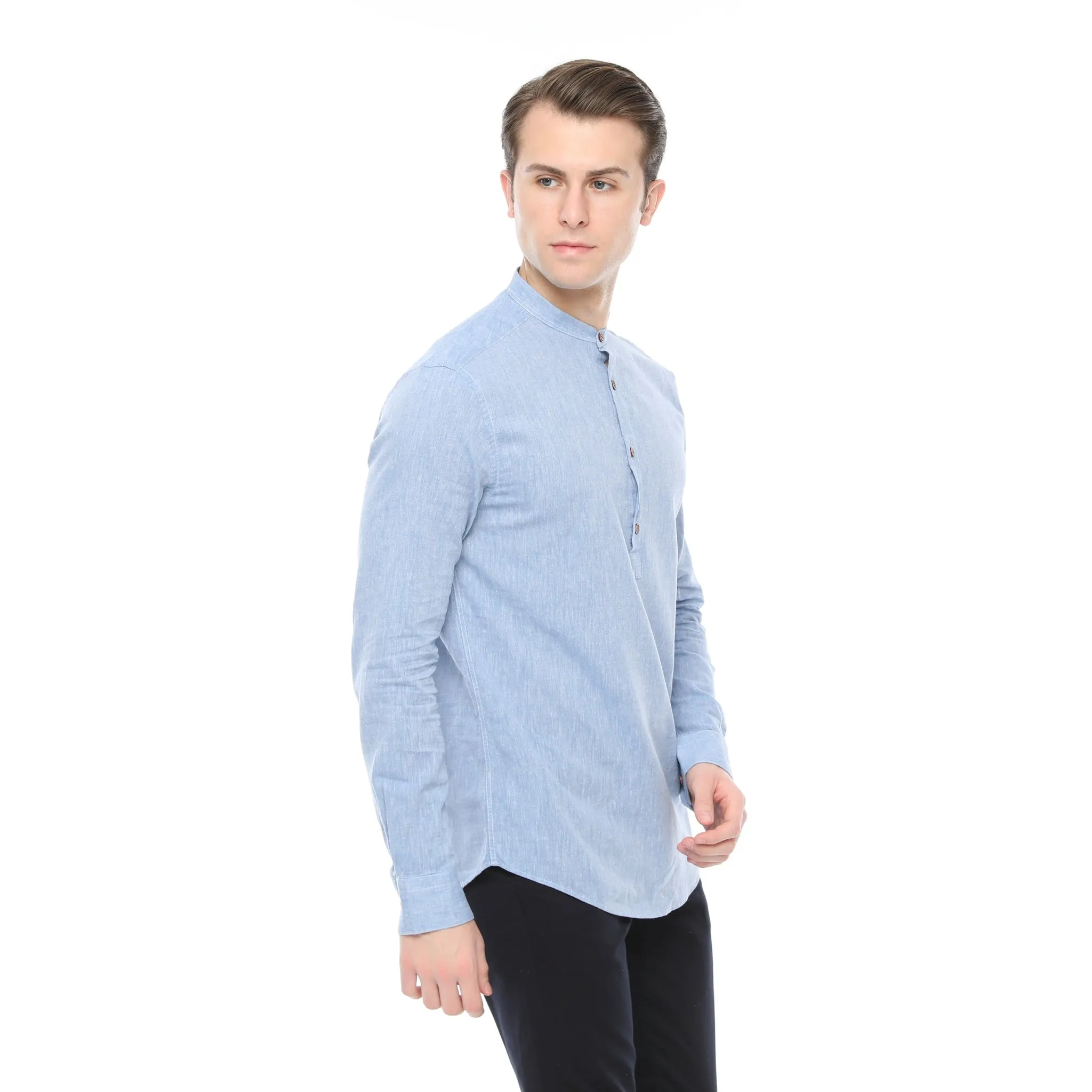 Xact Mens Cotton Linen Grandad Band Collar Tunic Shirt - Long Sleeved